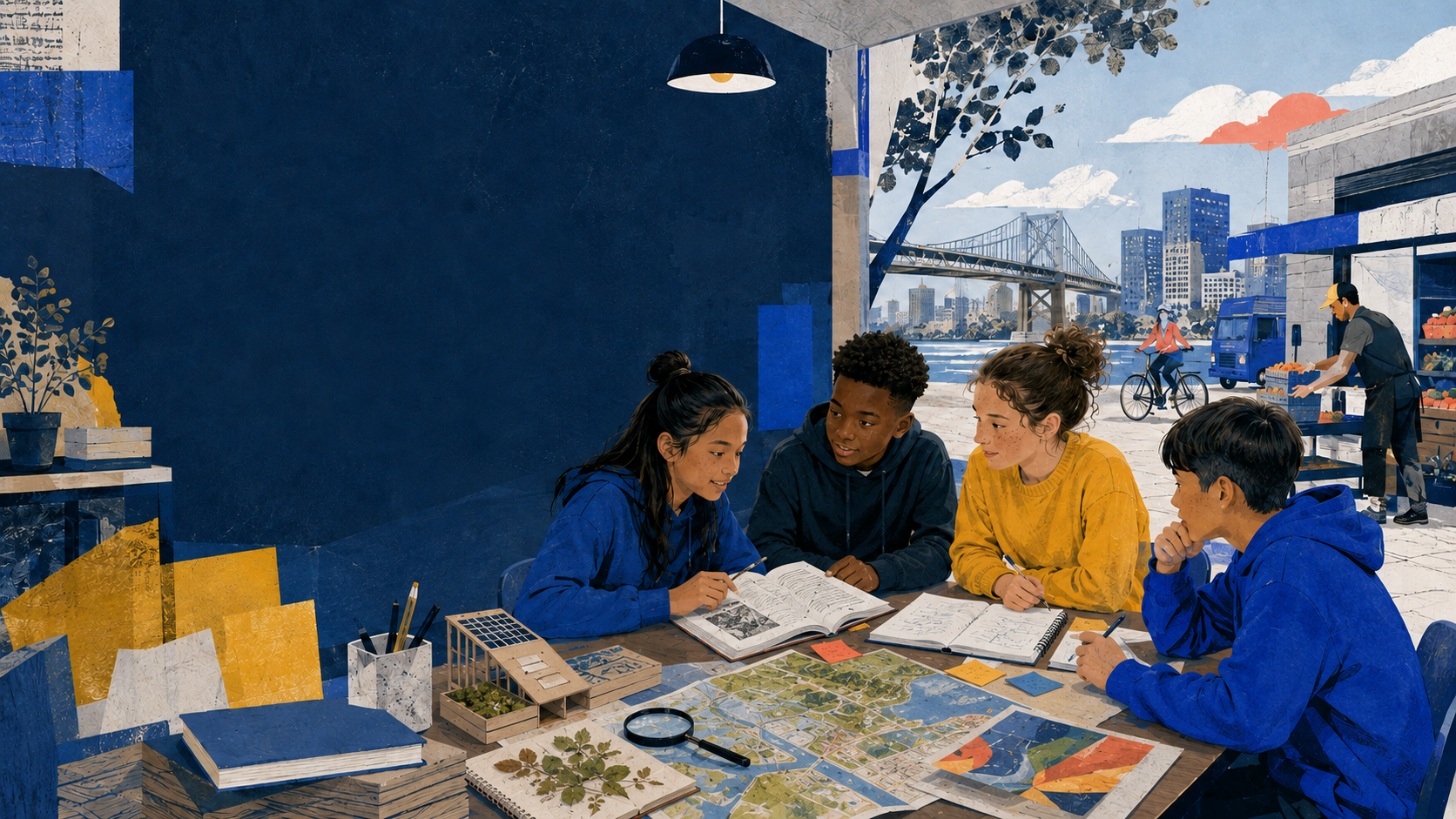 Students investigating a text, a local map, natural specimens, and a design model together as their classroom opens into the wider world